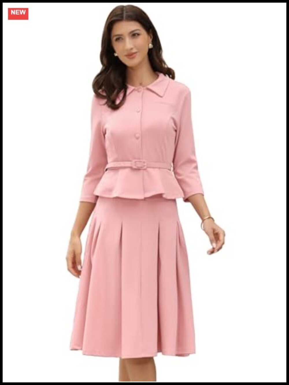 2 Piece Skirt Suit Set Women Office 3/4 Sleeve Blazer Pleated Skirt